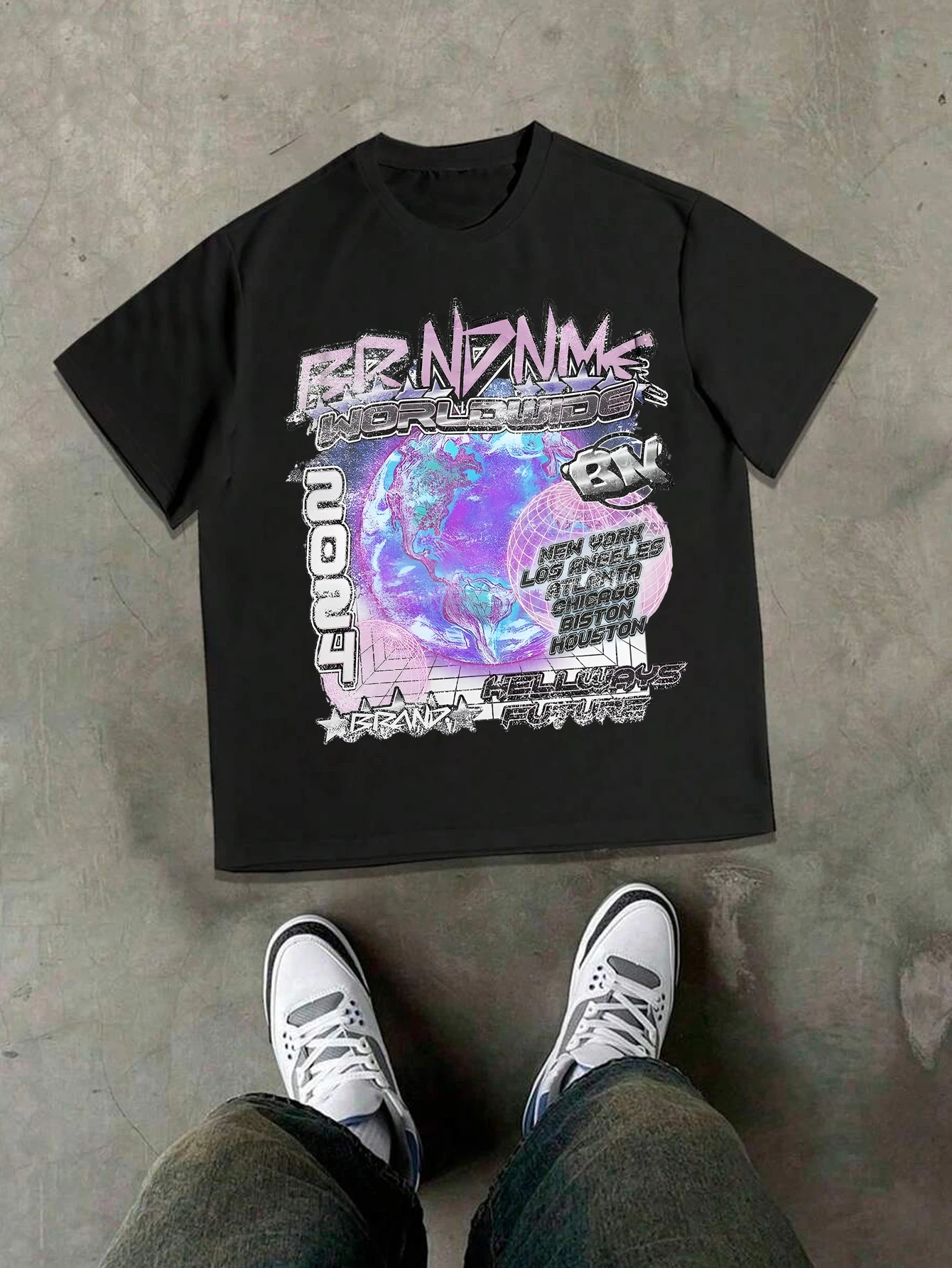 Blurred Character Image Print Pattern, Summer Men's T-sleeves, Millennium Electronic Retro Neon Texture Style