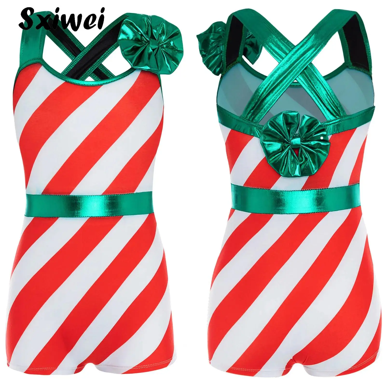 

Kids Girls Christmas Striped Bodysuit Candy Cane Xmas Party Cosplay Dance Performance Costume Ballet Gymnastics Unitard Jumpsuit