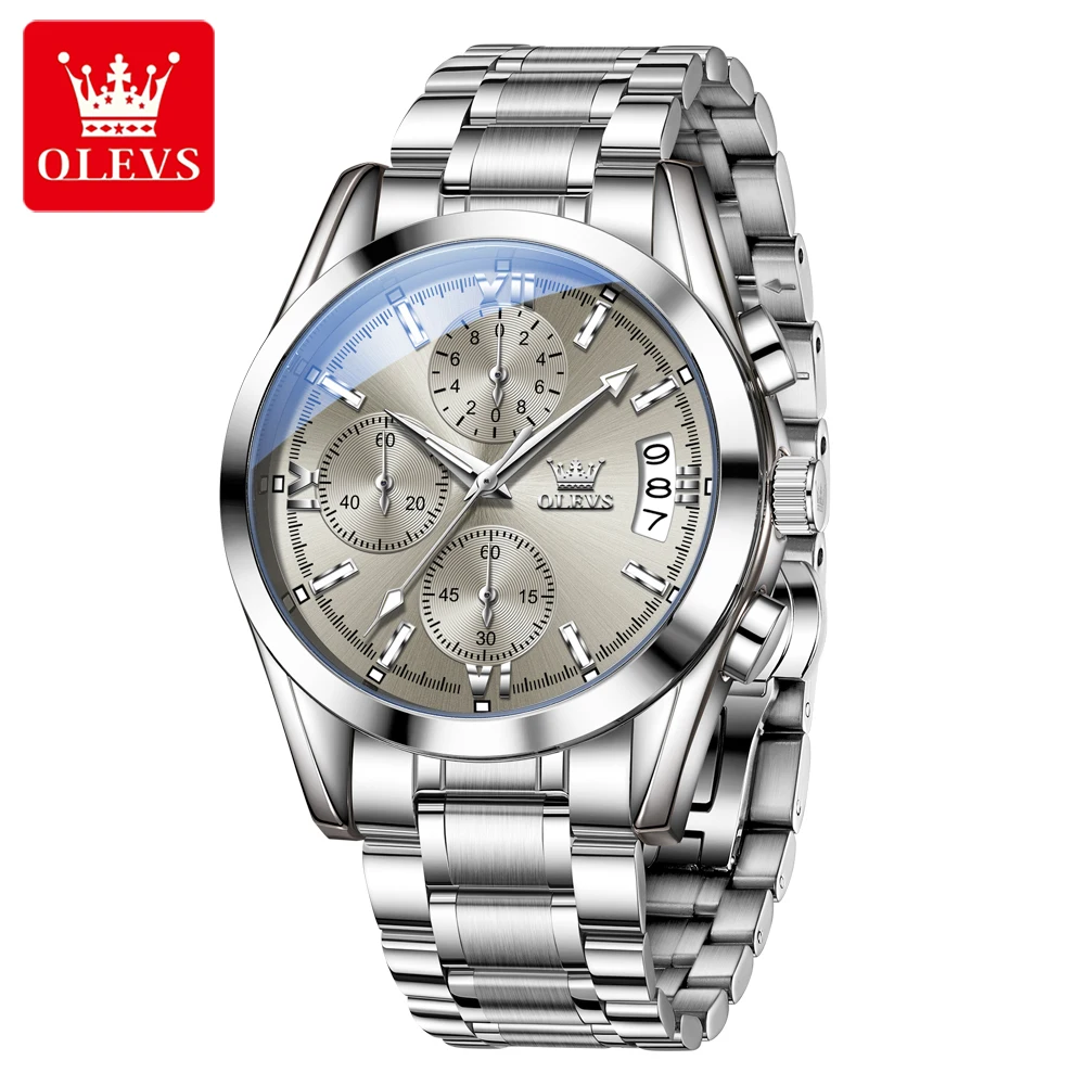 OLEVS 2987 Chronograph Man Watch Original Solid Steel Strap Waterproof Calendar Wristwatches Luxury Brand Quartz Watches for Man