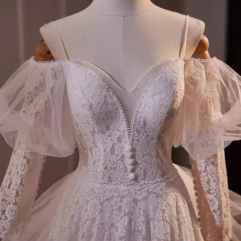 Charmante Kanten Prinses Vrouwen Formele Avondjurken Off Shoulder Een Lijn Trouwjurk Met Lange Mouwen Vestido De Noiva Gewaad