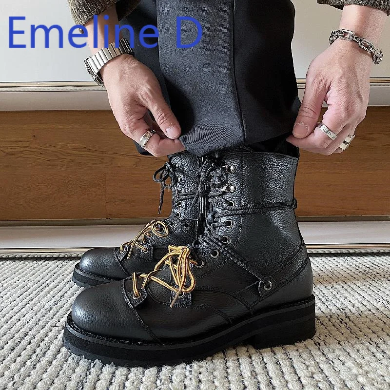 

Round Toe Thick Heel Short Boots Fashionable Gold Lace Up Retro Patchwork Casual Men's Pure Black Minimalist Soft Leather Boots