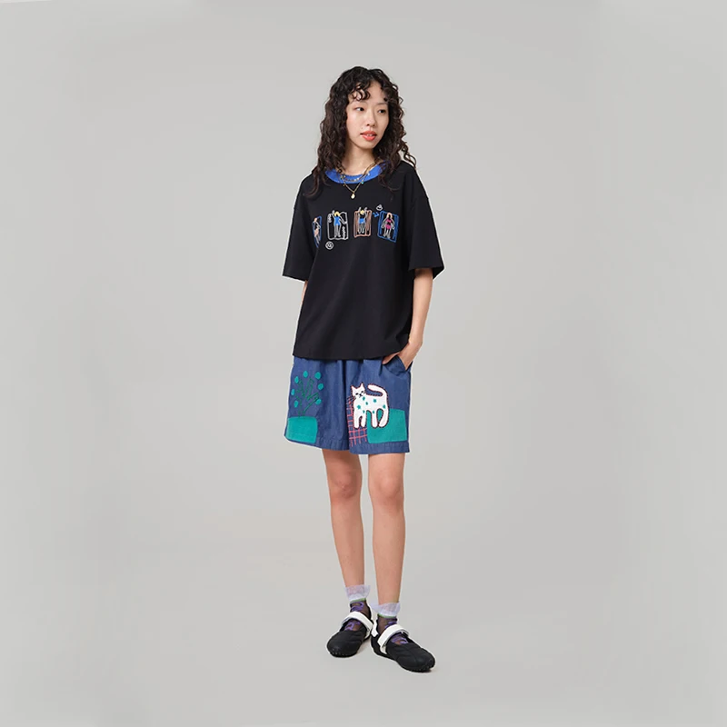 MOVEUP Casual Wide Leg Denim Shorts 2026 Summer New Fun Embroidered Pocket Pure Cotton Fashion Design Shorts For Women 3ELX40314