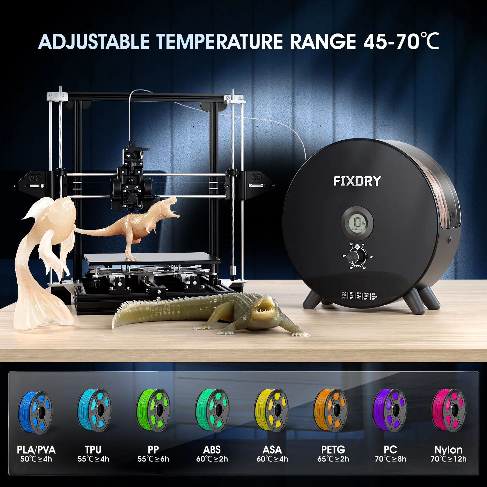 FIXDRY 3D Printer Filament Dry Box 1KG Filament Adjustable Dehydrator 45℃-70℃ Real-time Humidity Monitoring Drying Filament