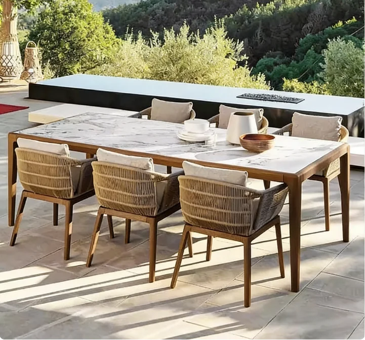 Modern Teak Outdoor Dining Table And Chair Set For Hotel & Garden Use Stackable Waterproof Cushions