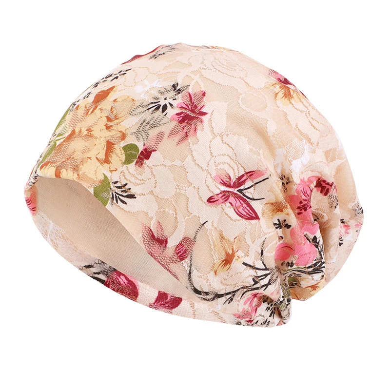 Fashion Printed Lace Head Pullover Hat Breathable Women Ladies Turban Confinement Caps Air Conditioning Cap Flower Beanie