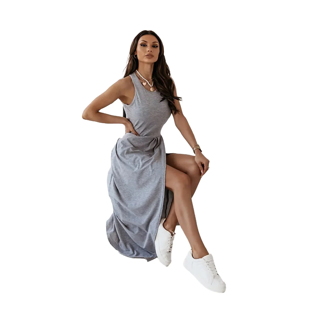 Robe longue sans manches pour femmes, vêtement simple et décontracté, à la mode, gilet européen et américain, nouvelle collection 8318