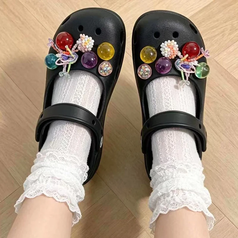Colorful Bead Shoe Charms Set Cute Flower-Printed Hole-Patterned Sandals Accessories DIY Detachable Decorative Shoe Buckles 1Set