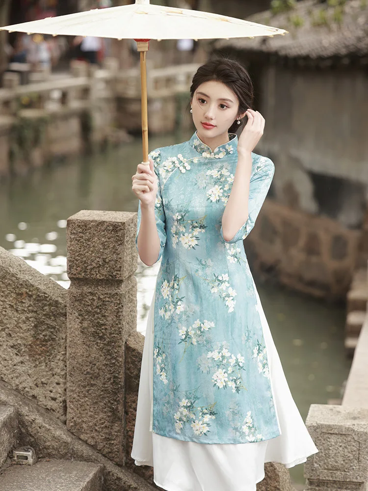 Autumn Vintage Mandarin Collar Vietnam Aodai Qipao Chinese Women Floral Printed Satin Cheongsam Elegant Daily Dress