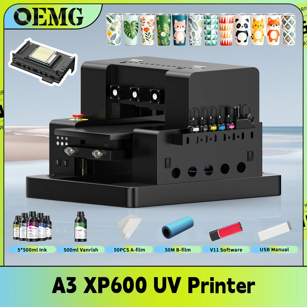 طابعة OEMG A3 UV LED لإبسون XP600 مع حبر أبيض وورنيش للأسطح الصلبة - آلة طباعة الأكريليك المعدنية والزجاج الخشبي
