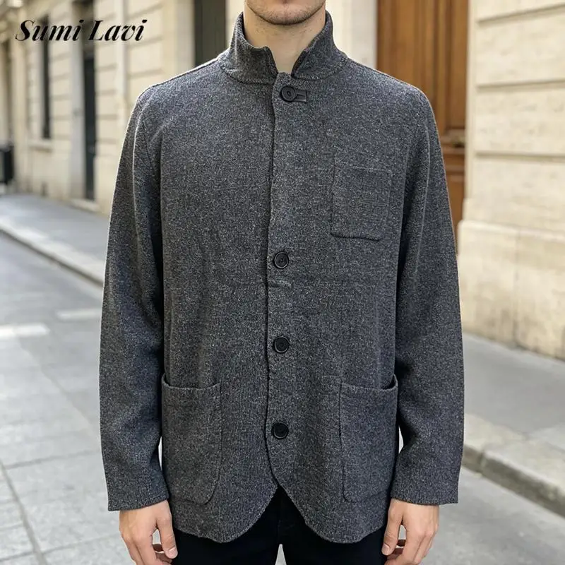 2026 Autumn Winter Solid Color Knit Jacket For Mens Daily Fashionable Loose Fit Stand Collar Multi‑Pocket Coat Street Style Mens