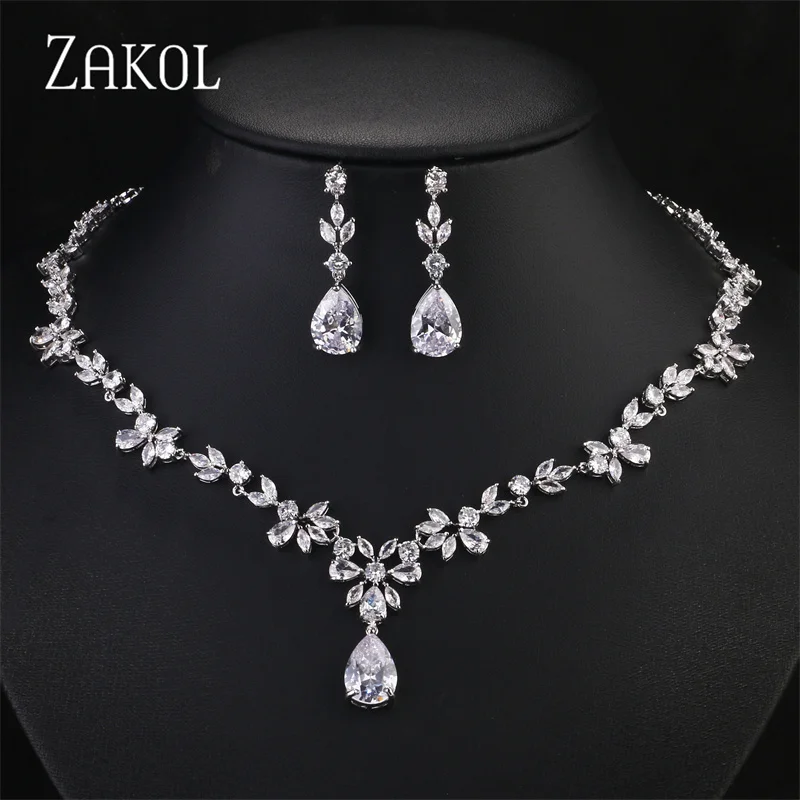 ZAKOL Luxury Sliver Color Leaf Bridal Wedding Jewelry Sets for Women Shinny Cubic Zircon Earrings Neckalce Set