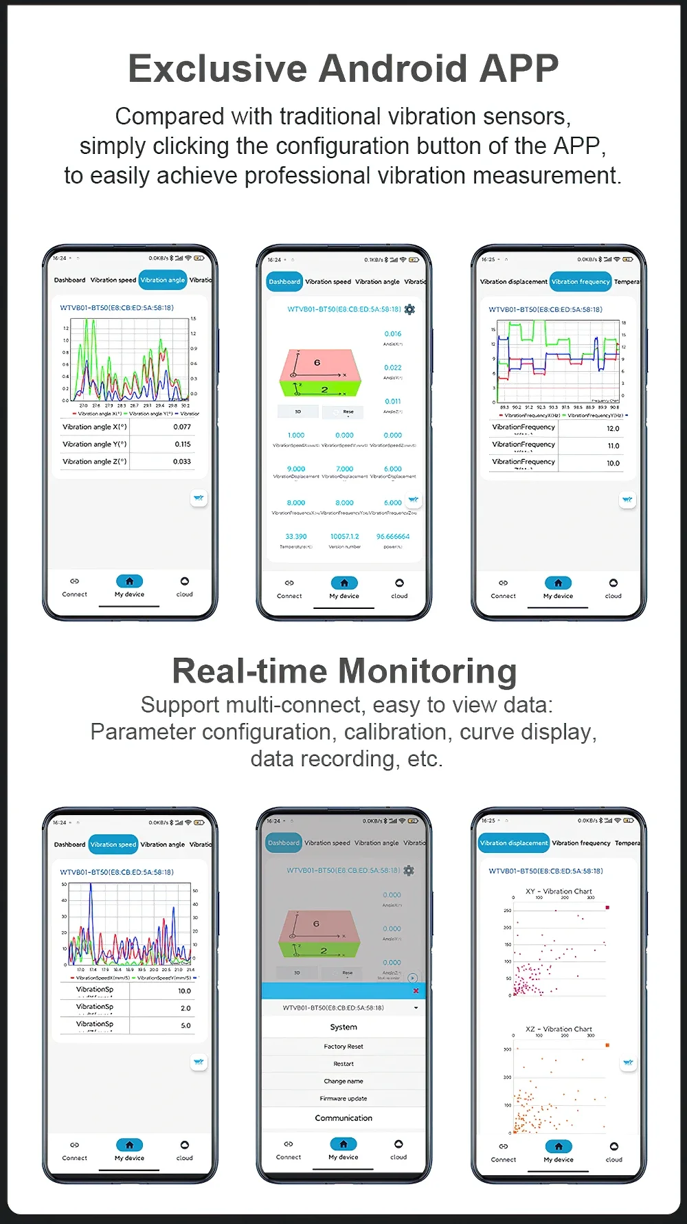 WTVB01-BT50 Bluetooth 50m Wireless Multi-connected Vibration Sensor, 3-axis Vibration Displacement + Speed + Amplitude+Angle