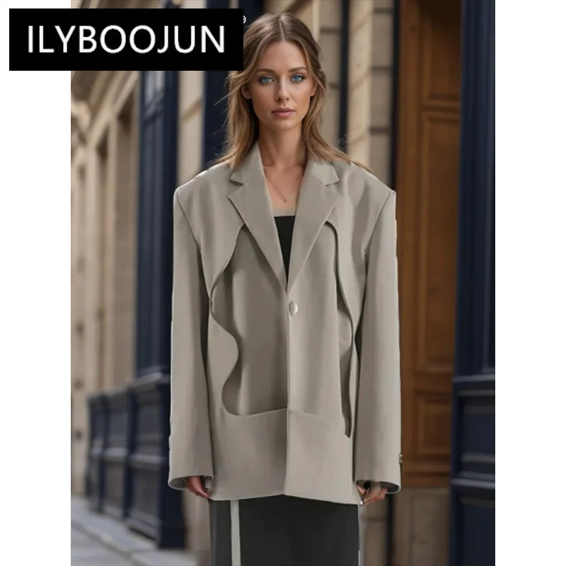 

ILYBOOJUN Solid Asymmetrical Backless Blazers For Women Notched Collar Long Sleeve Patchwork Button Loose Blazer Female New