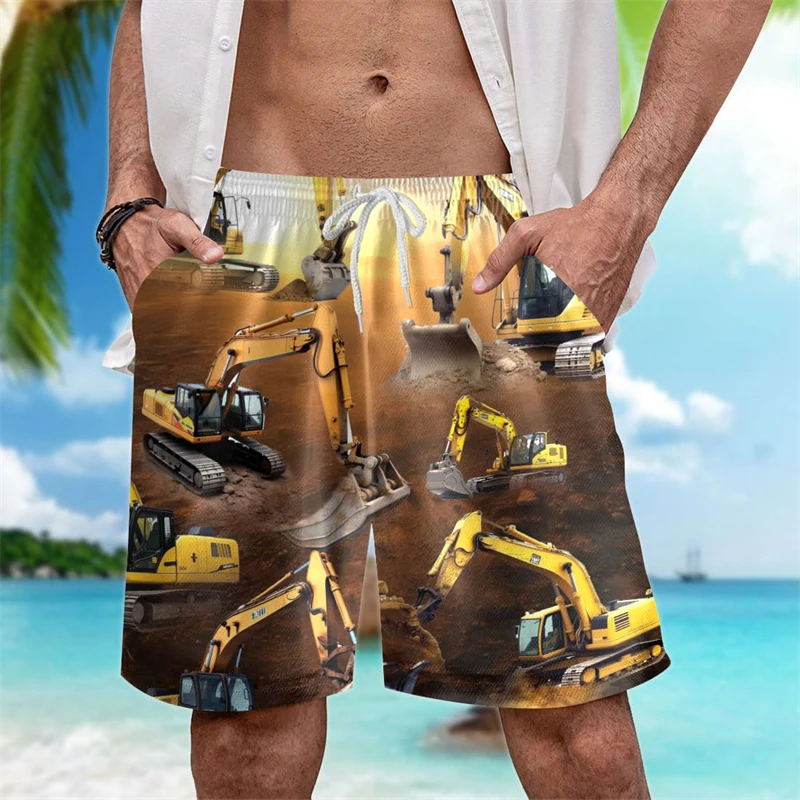 

Fashion Excavator Graphic Beach Shorts For Men Retro Summer Vacation 3D Printed Kids Board Shorts Loose Streetwear Short Pants