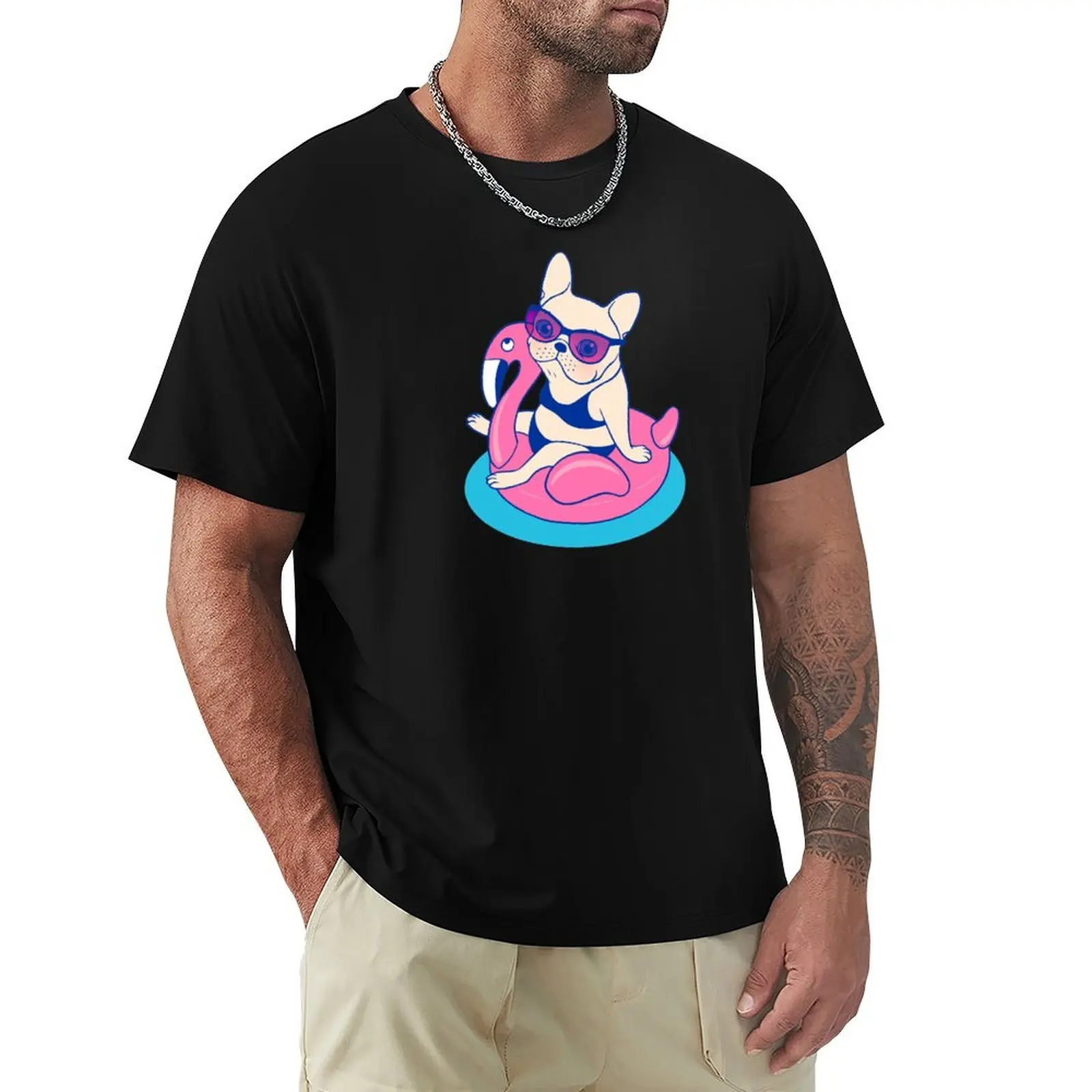 Frenchie enjoys Summer on Flamingo Pool Float in swimming pool T-Shirt UV Sun Protection Tee Shirt
