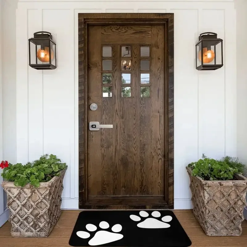 White Dog Paw Print Welcome Doormat Pet Element Entry Floor Rug for Front Porch Indoor Entryway Household Pet Home Entrance