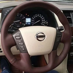 DIY Hand Stitched non-slip brown genuine Leather Car Steering Wheel Cover For Nissan Patrol Y62 2012-2018 auto parts