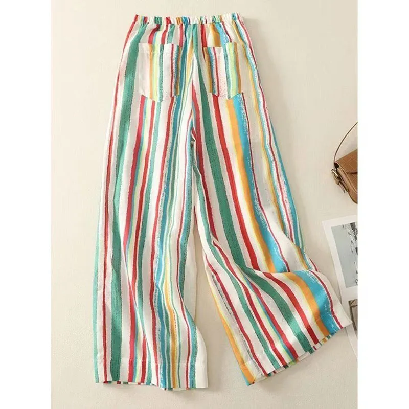 Women's Summer Boho Style 100cm Rainbow Striped Wide Leg Pants Holiday Beach High Waist Colorful Casual Sweet Cotton Trousers