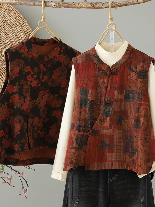 New Chinese Style Retro Print Vest Jacket Women's Autumn National Style Stand Collar Button up Vest Traditional Cultural Fashion