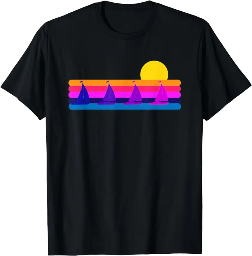 2024 New Vintage Sailing Summer Synthwave Style Boat Sunrise Sunset T-shirt