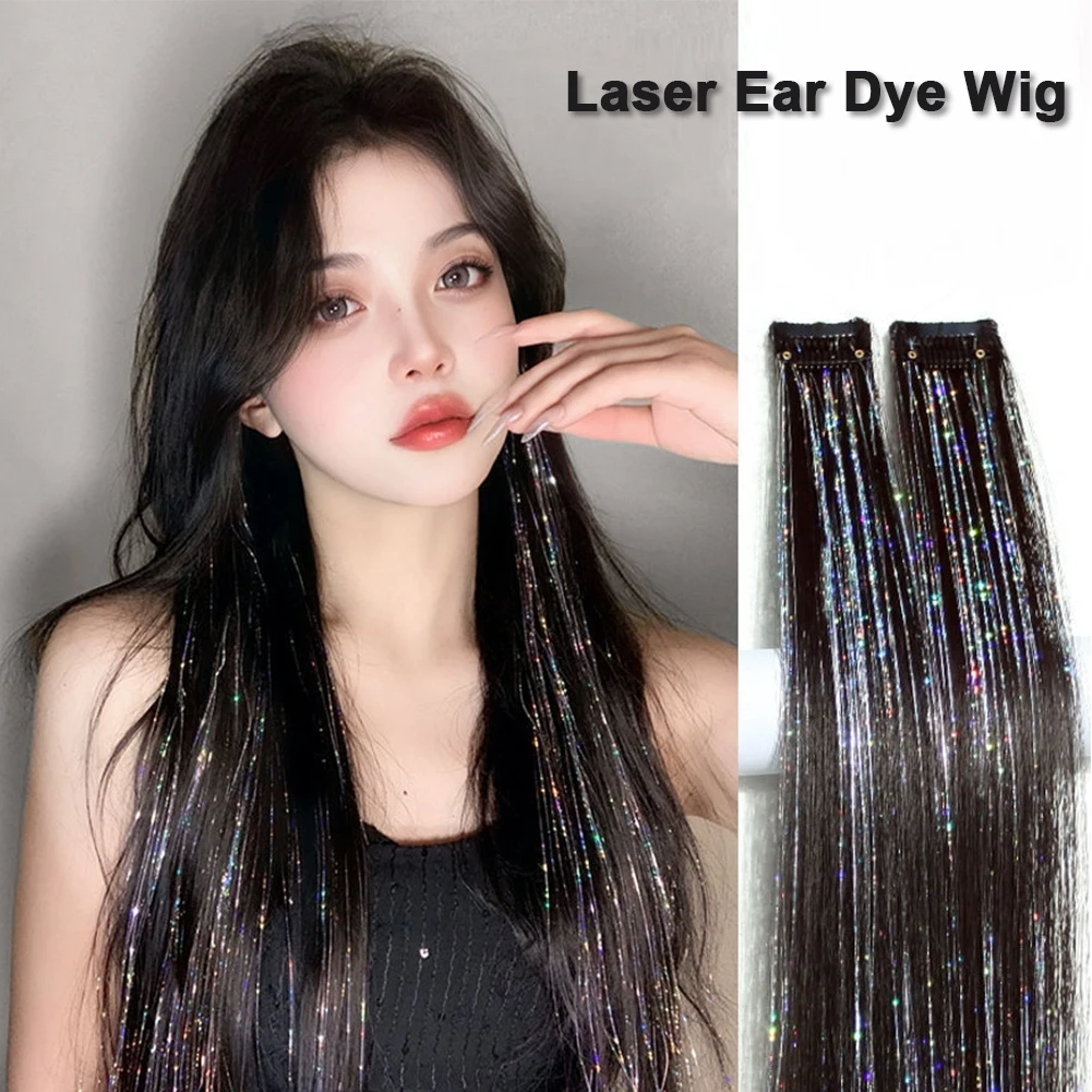 Dark Color Hair Extensions Highlights Silver Tinsels Synthetic Clip in Hair Shiny Hairpiece Holiday Party Highlights for Women