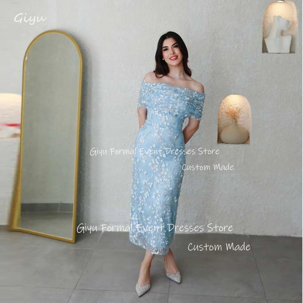 Giyu Exquisite Light Blue Evening Dresses Dubai Arabic Women Wedding Party Bolero Ankle length Prom Gowns Fomral Occasion