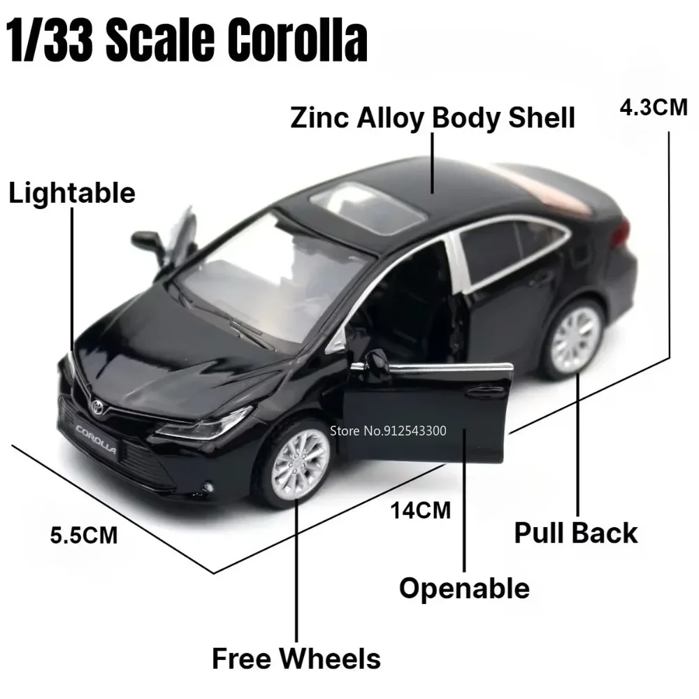 CCA 1/33 Toyota Corolla Hybrid Car Toy Model Alloy Diecast Sound Light Doors Opened Children\'s Toys Collectibles Birthday Gifts