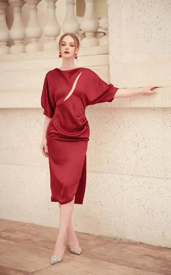 

Customized Fashion Charmeuse Button Pleat A-line High Collar Midi Dresses Bespoke Occasion Dresses Casual Simple Sizes Available