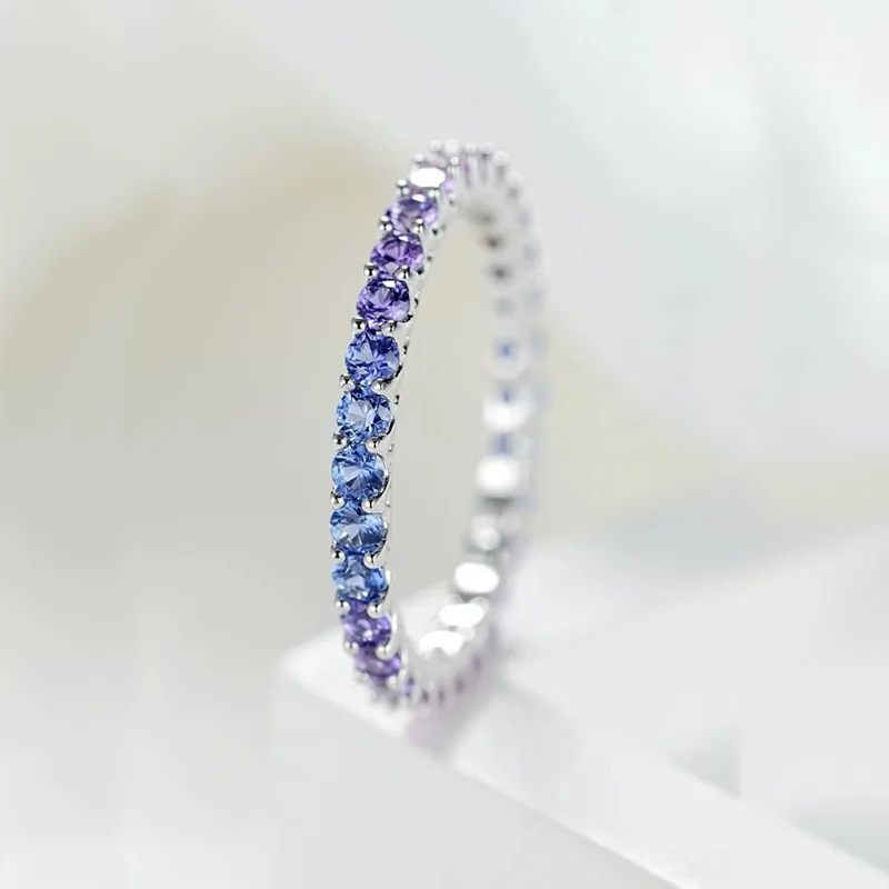New 100% S925 Silver Treasure Lavender Gradient Ring, Bohemian Style Full Diamond Stripe Ring, Wedding Jewelry