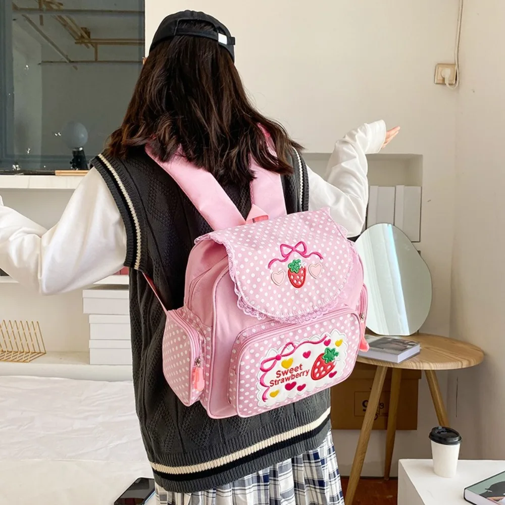 Fashion Cartoon Strawberry School Bag Bow Mochila Dots Girl Backpack Large Capacity Fruit Student Rucksack Teenager