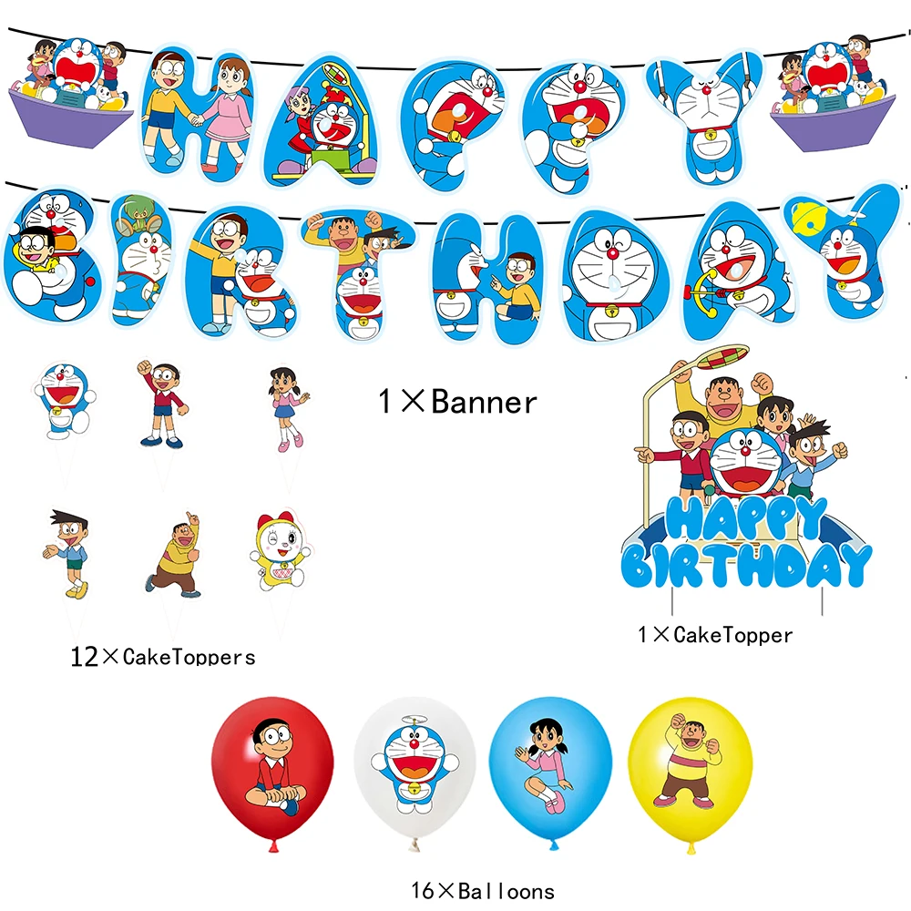 Vaisselle de fête d'anniversaire de la série Doraemon, bannière de poulet, décoration de gâteau, ballon mignon, sensation de confrontation