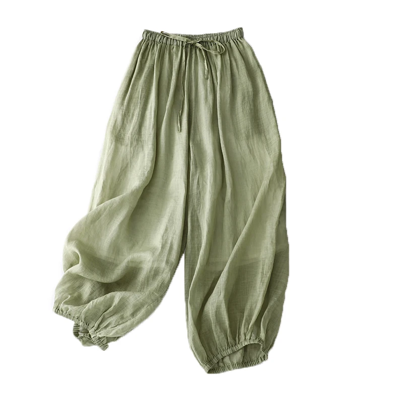Luksusowe, kolorowe, damskie, letnie, luźne spodnie lniane, spodnie do medytacji zen, spodnie typu lantern, spodnie harlan z długimi nogawkami.