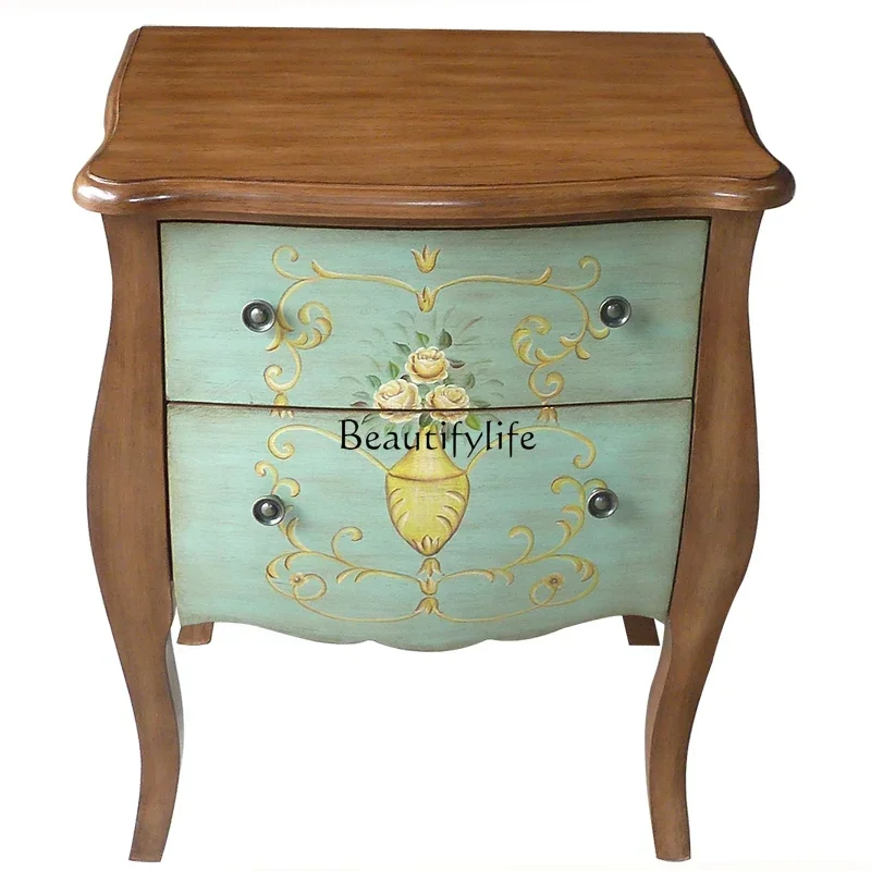 yj21  Mediterranean painted double draw bedside table phone table retro sofa side cabinet