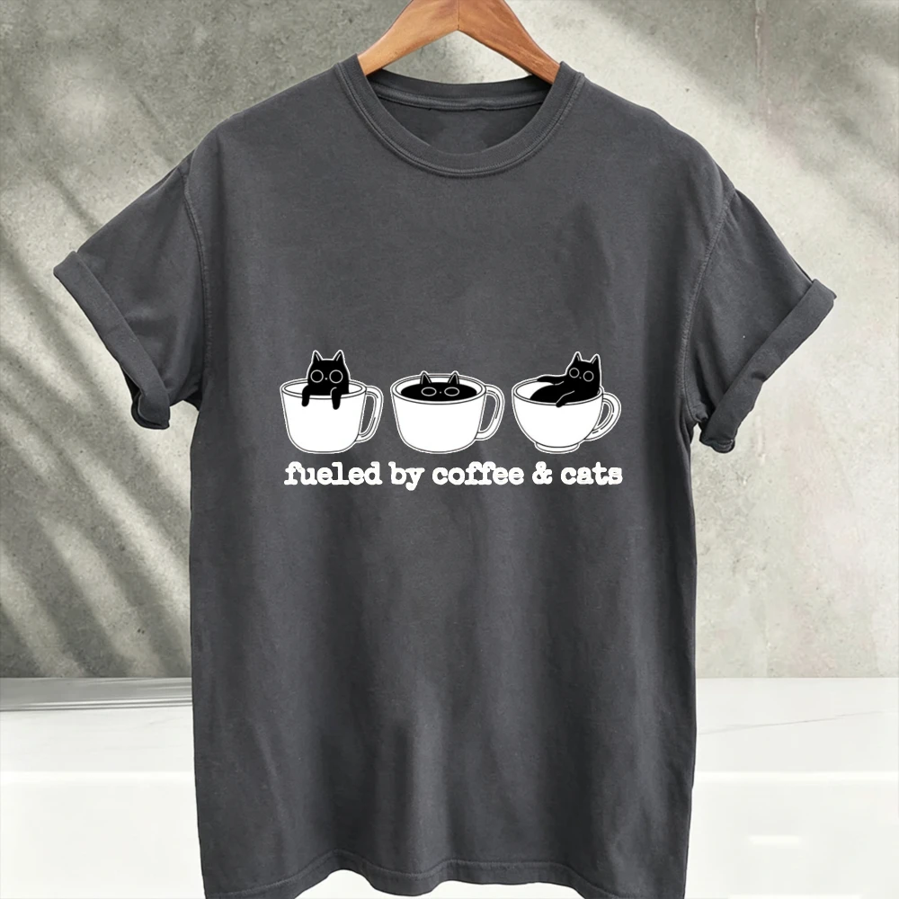 Fueled By Coffee & Cats Graphic T-Shirt Cute Black Cat in Coffee Cup Print Casual Cotton  Crew Neck Cat Coffee Lover Daily Tees