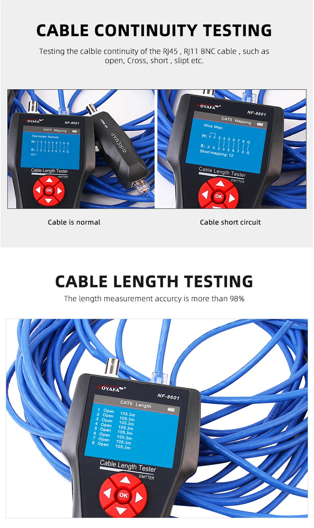 NOYAFA Netzwerkkabeltester NF-8601 Ethernet-Kabeltracker mit PoE/PING-Funktion, Messung der Länge, Wiremap-Tester, Netzwerkwerkzeuge – Detail 4