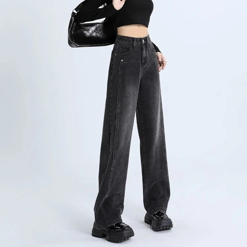 Frau Neue Hohe Taille Vintage Verdicken Jeans Weibliche Casual High Street Thermische Flare Hosen Mädchen Mode Schwarz Grau Denim Hosen