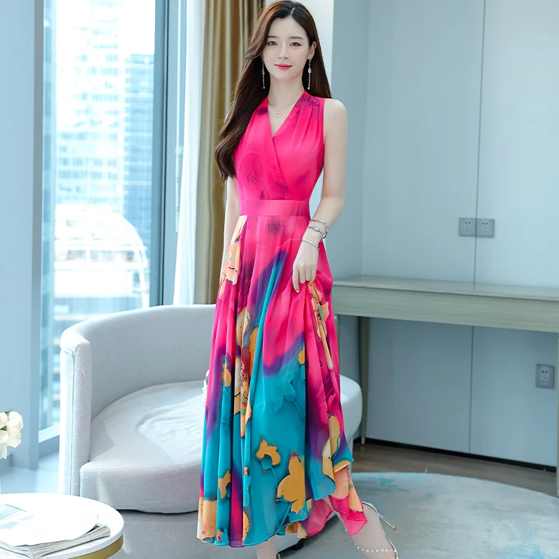 2024 New Women Boho Floral Chiffon Casual Beach Maxi Dress Summer  Sleeveless Sexy Sundress Vintage Elegant Bodycon Party Vestido - AliExpress  200000345