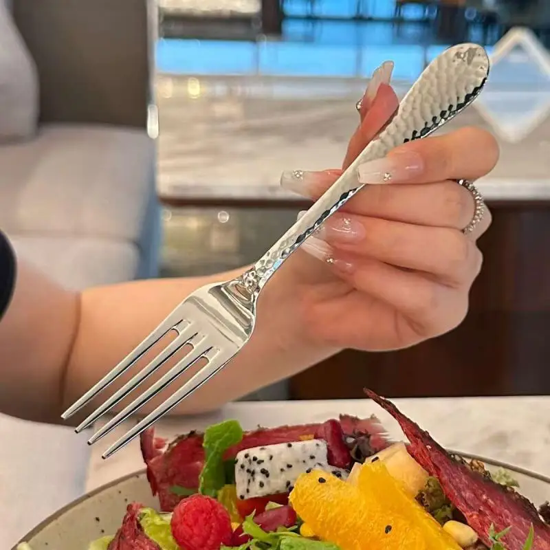 Stainless Steel Dinner Fork Long Handle Table Forks Set Korean Cutlery Four Tine Salad Dessert Fruit Forks Kitchen
