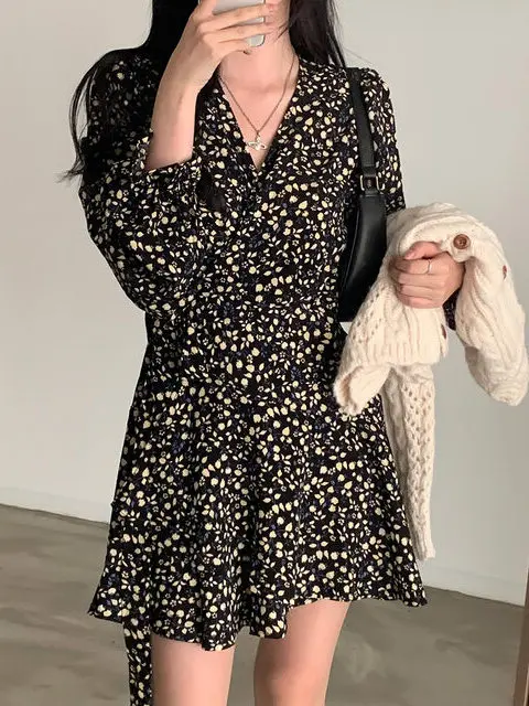 Floral Print Puff Sve Dr Women's Cross V-ne Waist Cinched Slimming Pleated ort Skirt High Waist Doll Dr Korean S...