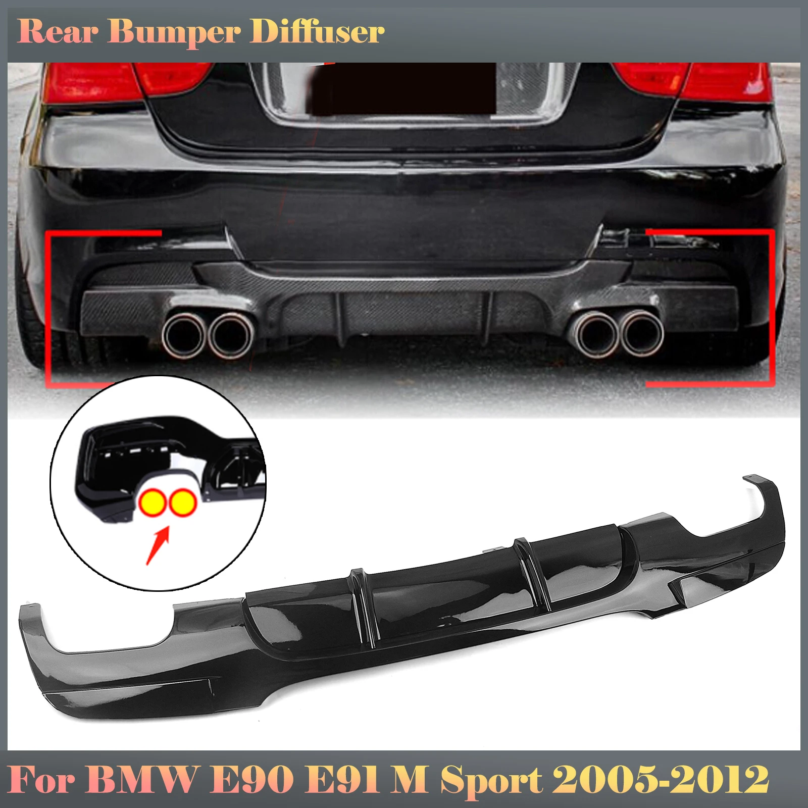 

Rear Bumper Diffuser Lip For BMW 3 Series E90 E91 M Sport 2005-2012 Gloss Black Car Boot Quad Exhaust Out Spoiler Plate Splitter