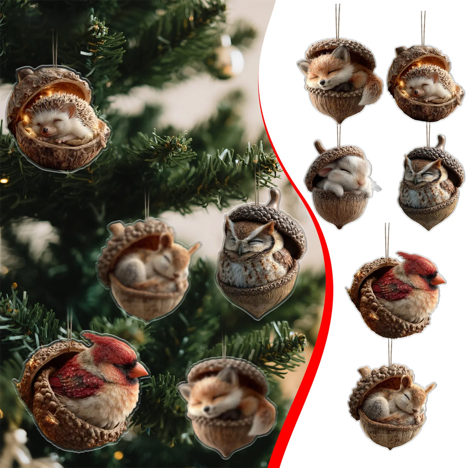 Cute Animal in Acorn Christmas Pendant Ornaments Acrylic Fox Hedgehog Bunny Design Festive Hanging Decor for Xmas Tree  Home 2D