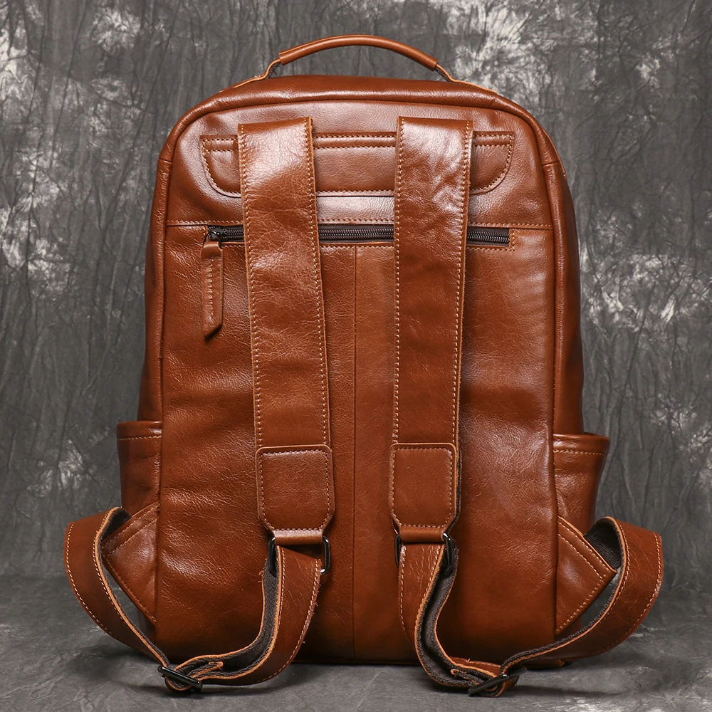 CFUN YA Genuine Leather Laptop Backpack with Twin Carry Handles Front Zip Pocket and Adjustable Straps for Daily Travel 0825-2
