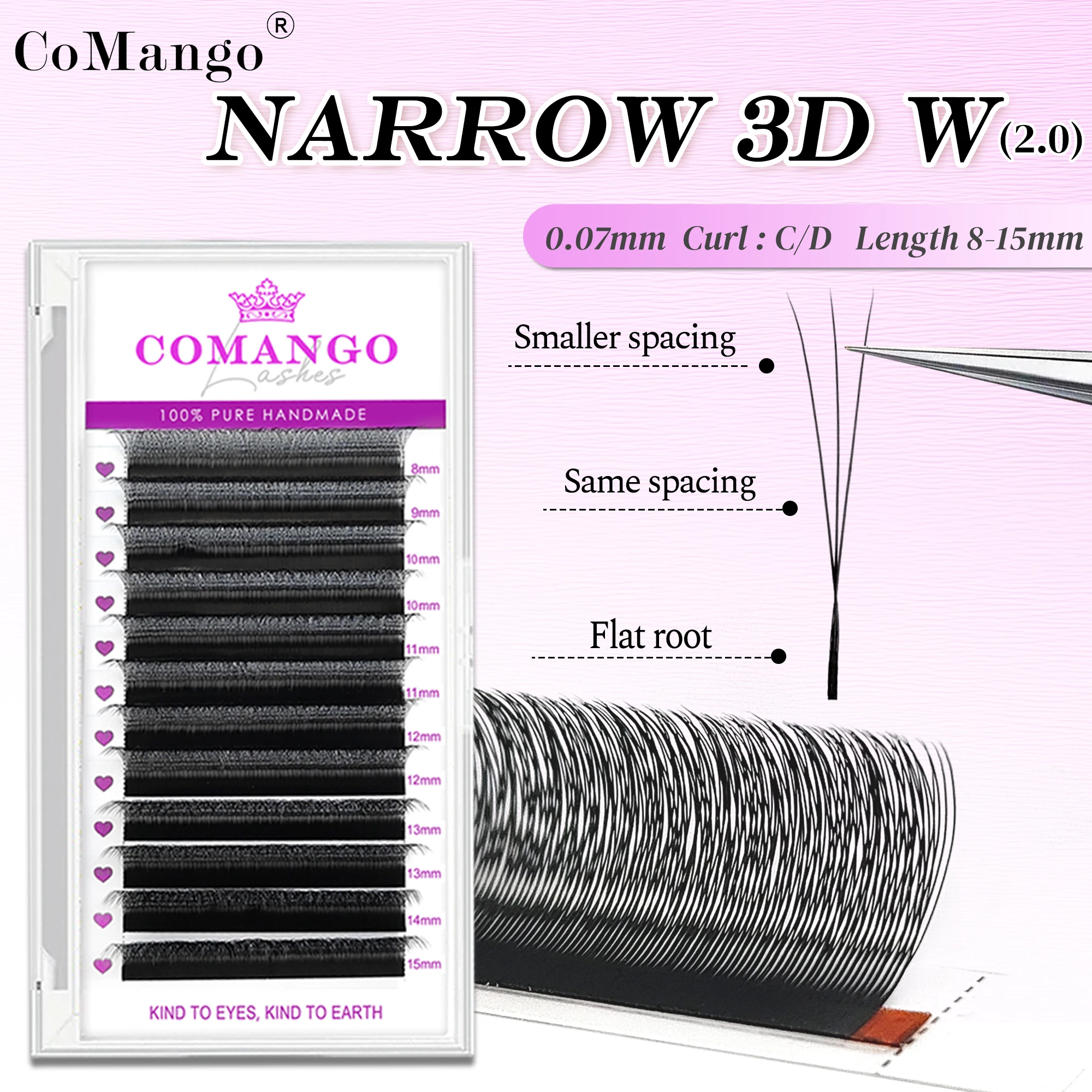 CoMango 3D-W-förmige Wimpernverlängerungen mit kleinerem Abstand, 12 Reihen schmale 3D-Wimpern, 0,07 mm handgewebte natürliche weiche Wimpern, Großhandel