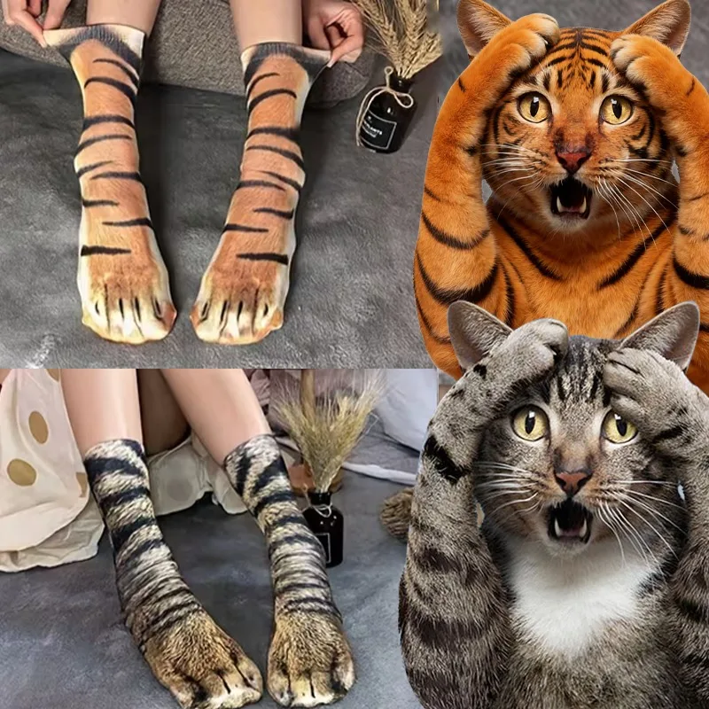 

3D Paw Print Socks for Women Men Anti Slip Animal Sock Tiger Cat Novelty Mid Calf Socks Soft Creative Non Skid Fun Printed Socks