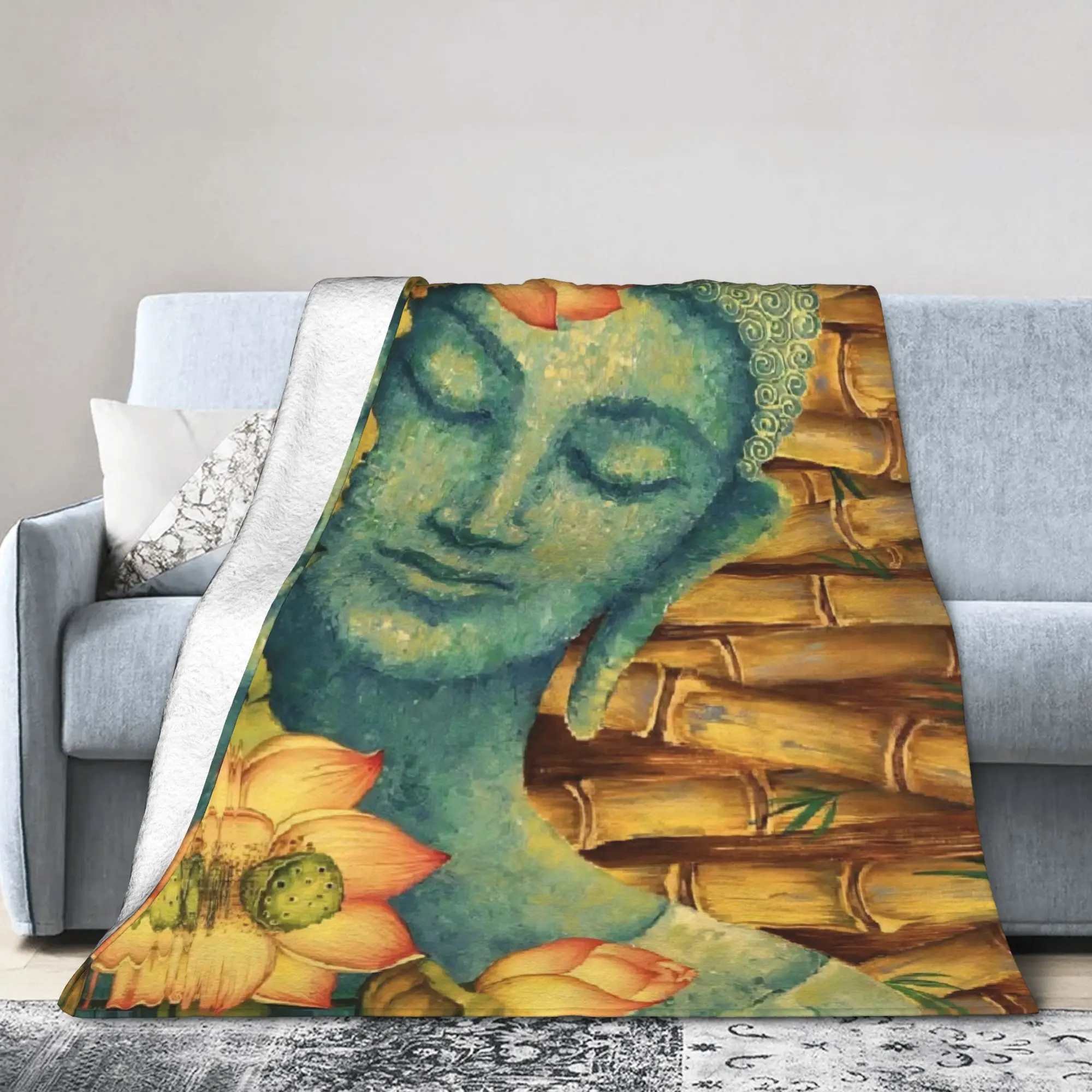 Buddha Lotus Zen Meditation Blanket Y2K Harajuku Flannel Funny Warm Throw Blankets for Home Restaurant Decoration
