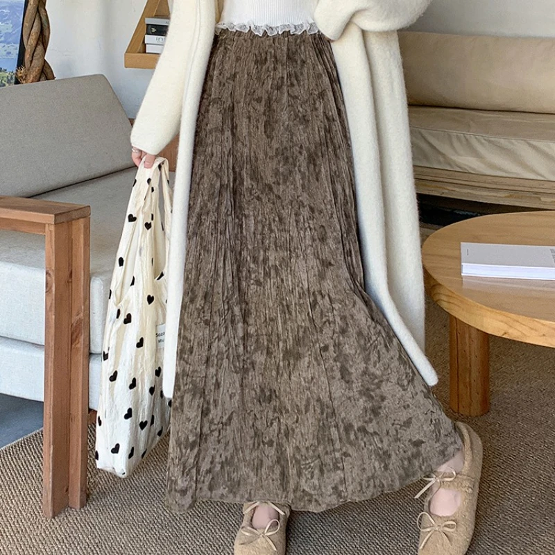 Seoulish Herbst Winter Woolen frauen Regenschirm Lange Röcke 2025, Neue Lose Vintage Floral Gedruckt Plissee A-linie Röcke Weibliche