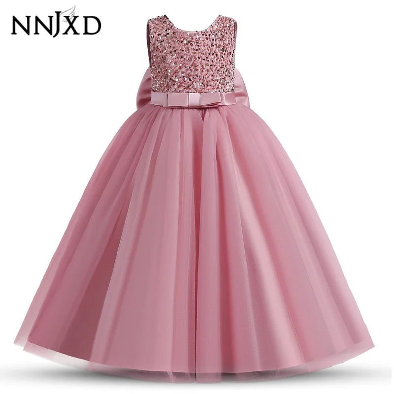 5-14 Yrs Party Dresses for Girls Sequin Bow Formal Evening Prom Gown Children Kids Birthday Graduation Ceremony Princess Costume