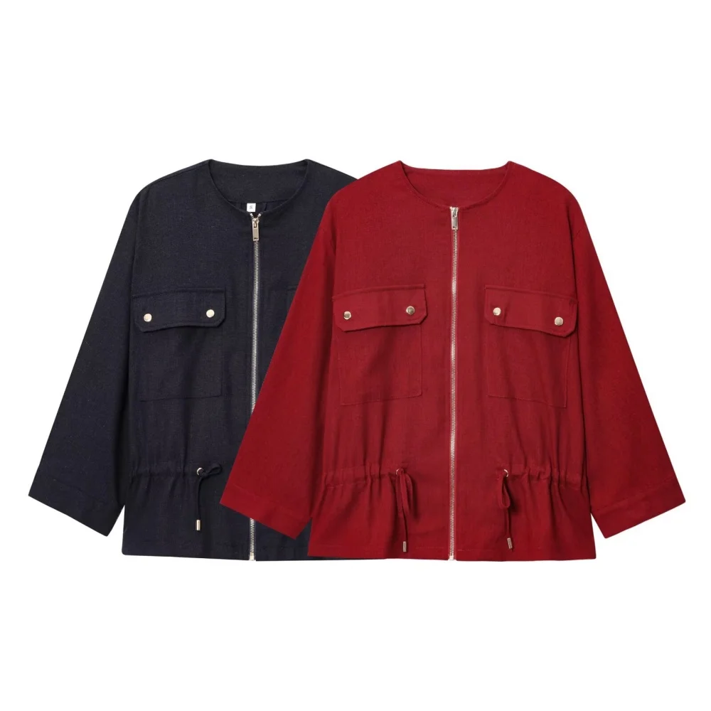 

Women's Linen Blended Hunting Jacket Round Neck Long Sleeve Zipper Pocket Drawstring Summer New Fashion Jacket