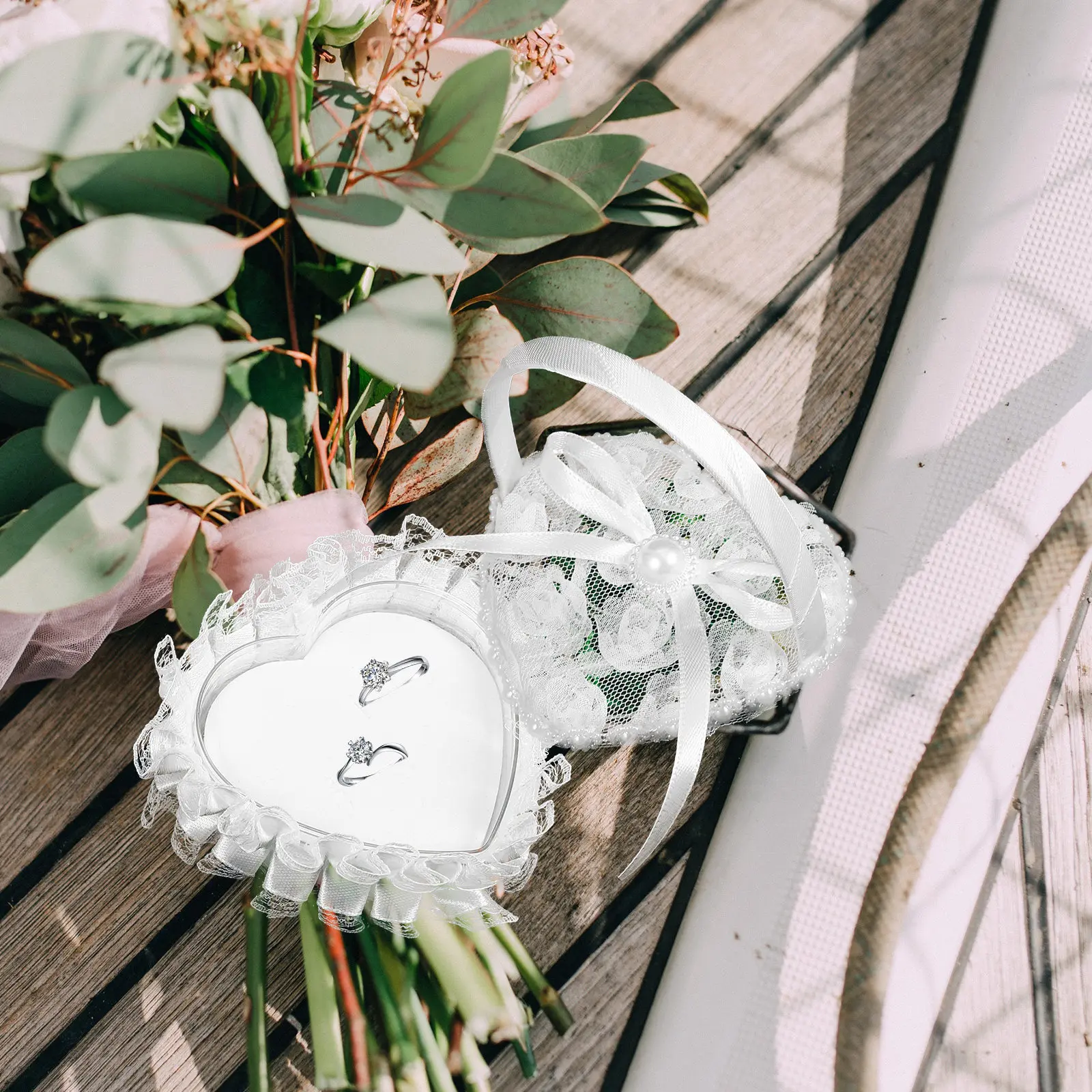 

Wedding Ring Pillow Heart Shape Lace Satin Ring Holder for Ceremony Engagement Romantic Display Box Wedding Decor