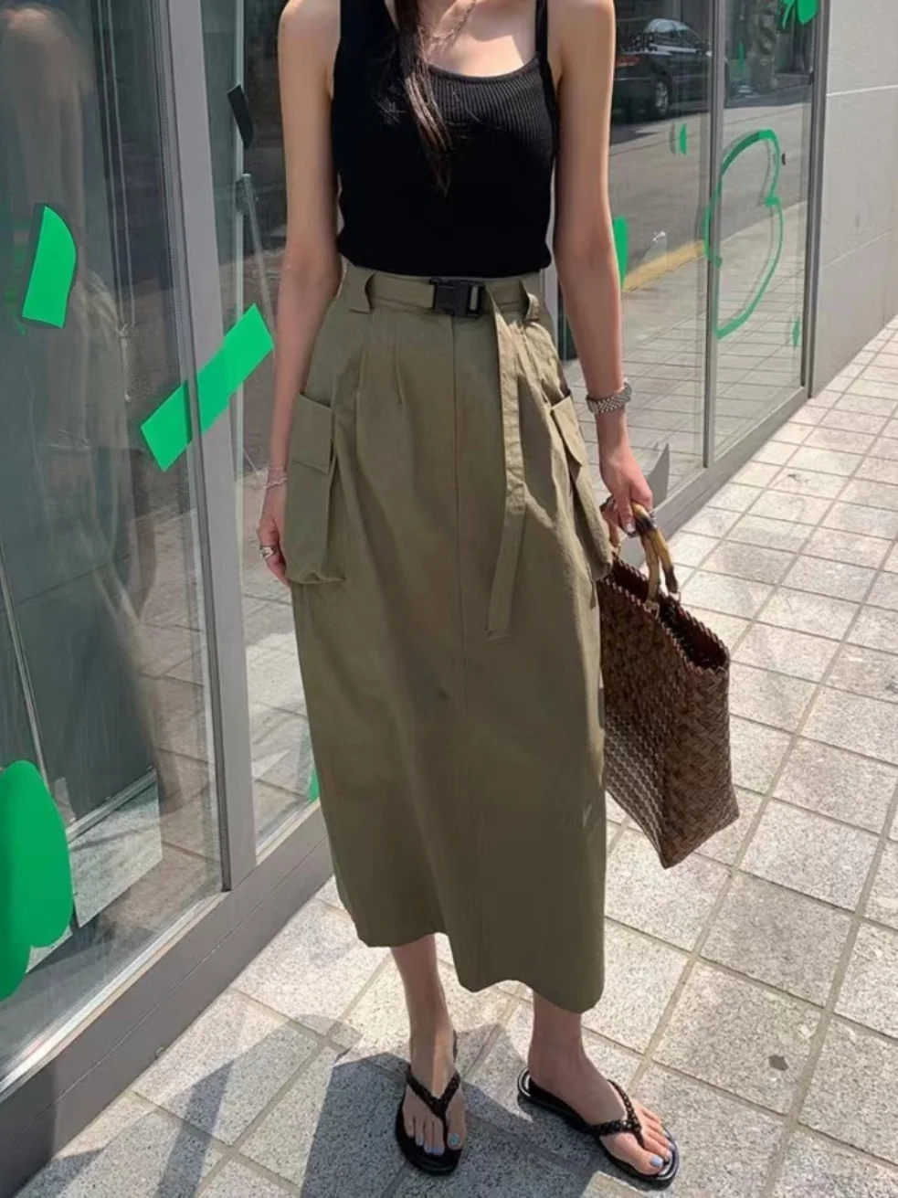 

Ele Mid-Length A-Line Skirt for Women with Big kets Belted High Waist Cotton Workwear Skirt Slit Ba Design Commute S...